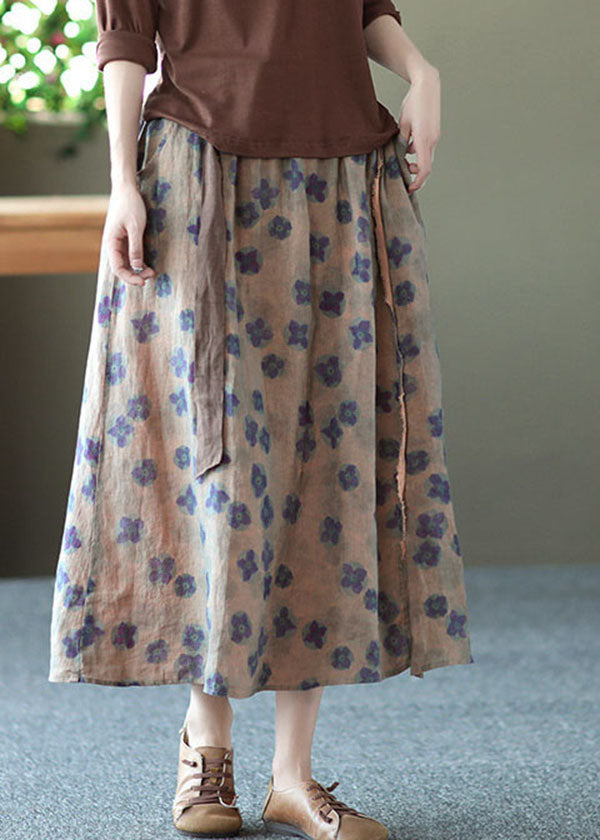Yellow Print Pocket Linen A-Line Skirt