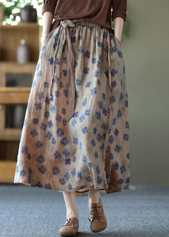 Yellow Print Pocket Linen A-Line Skirt