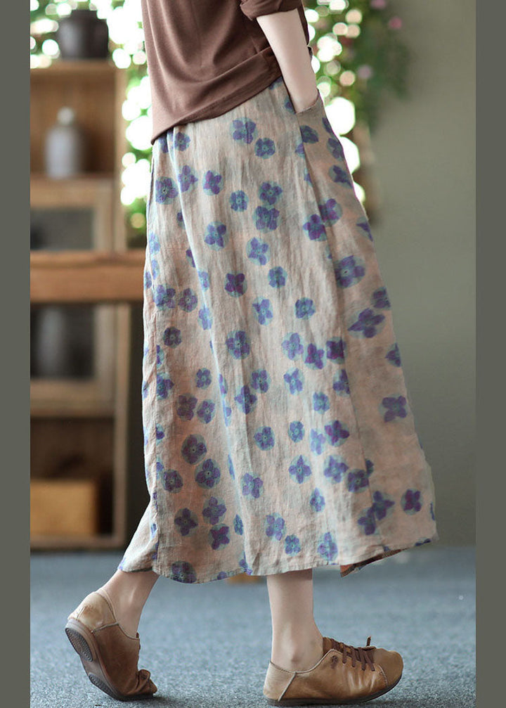 Yellow Print Pocket Linen A-Line Skirt