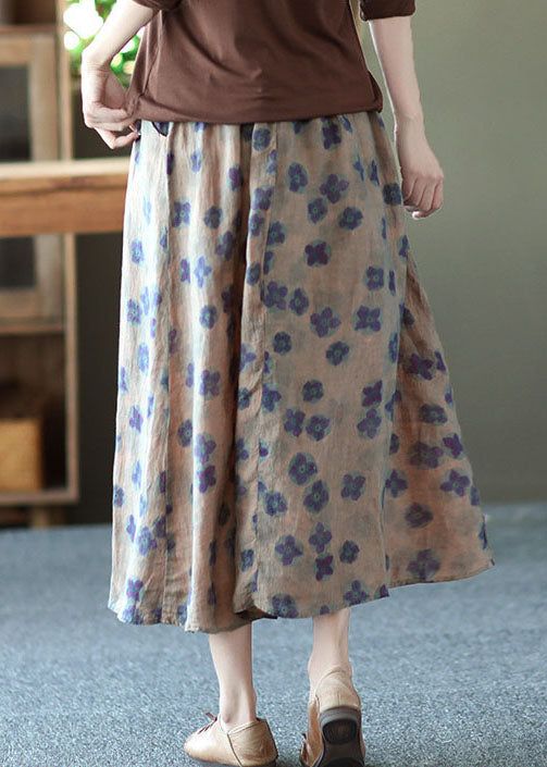 Yellow Print Pocket Linen A-Line Skirt