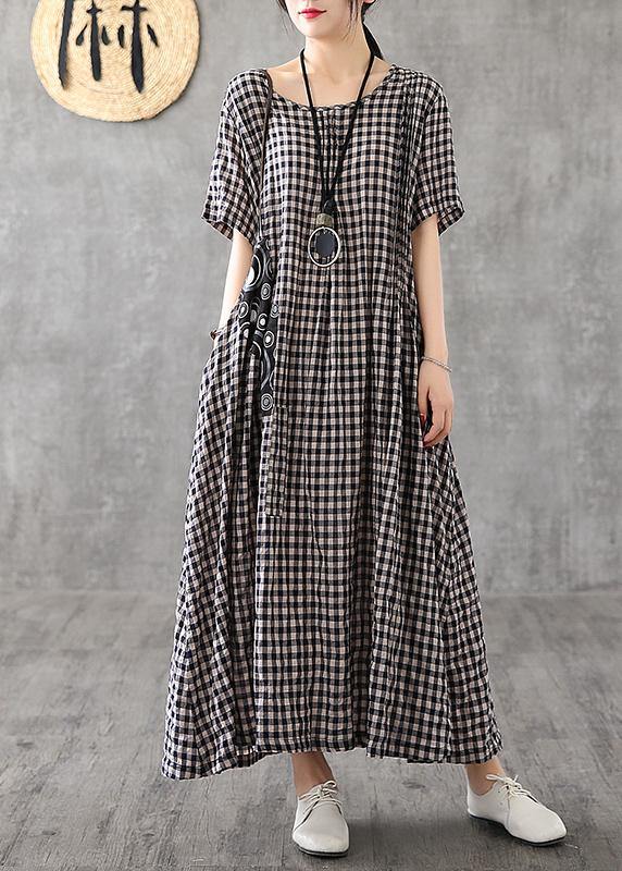 Black Checkered Patchwork Linen Dress
