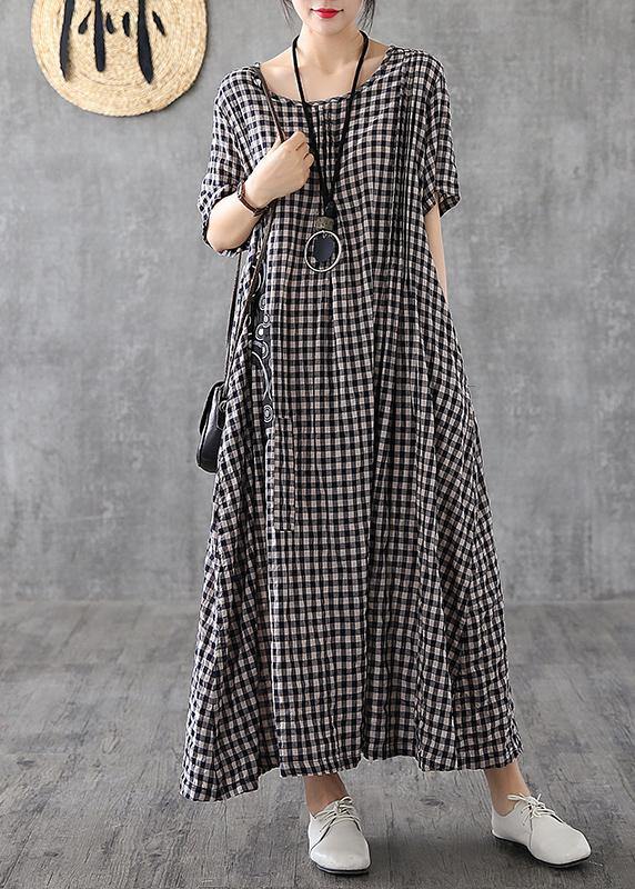 Black Checkered Patchwork Linen Dress