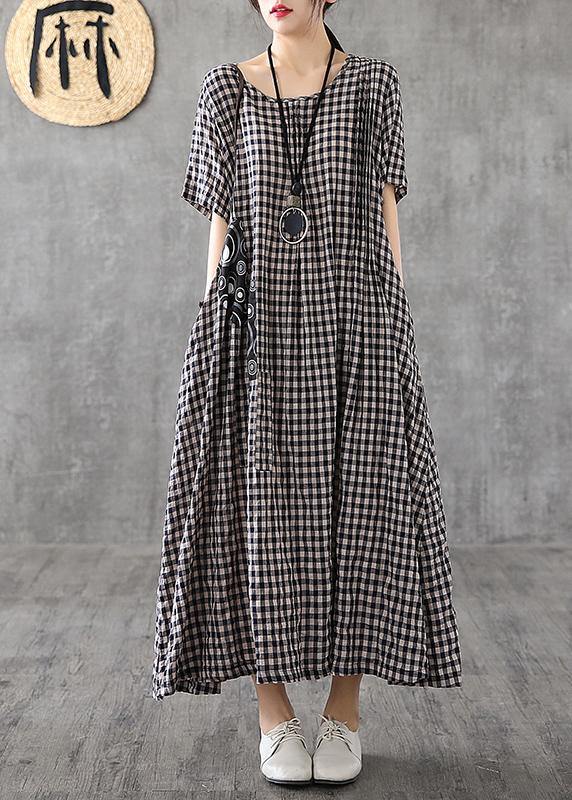 Black Checkered Patchwork Linen Dress