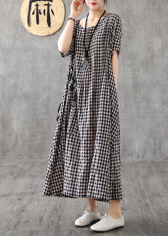Black Checkered Patchwork Linen Dress