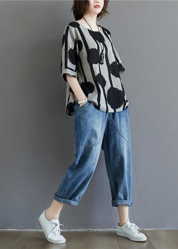 Polka Dot Stripe Cotton Linen T-Shirt