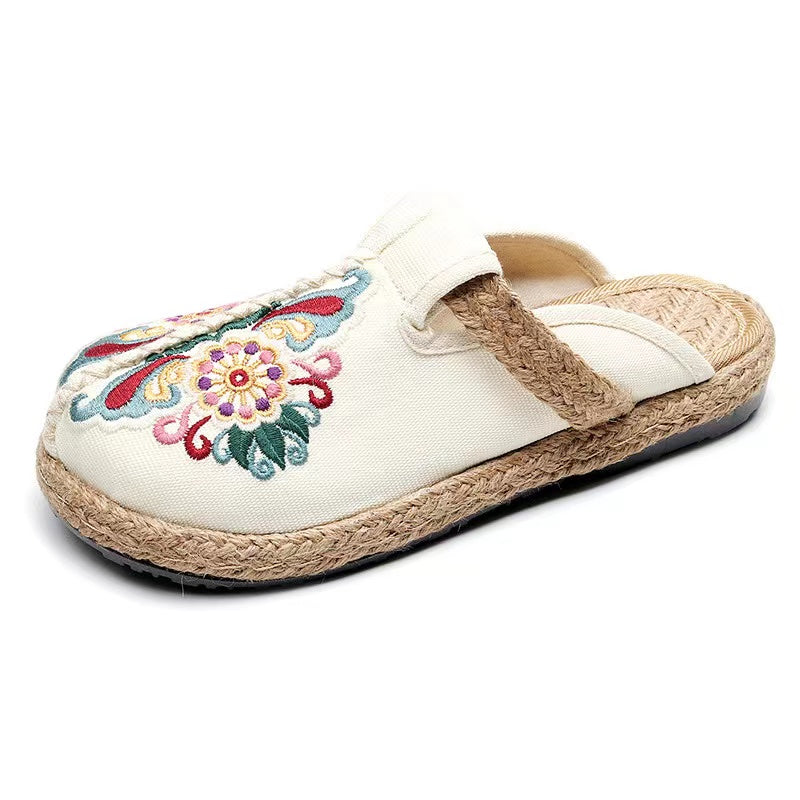 Linen Floral Flip Flop Flats