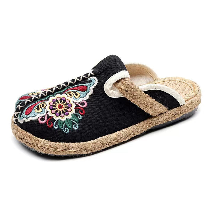 Linen Floral Flip Flop Flats
