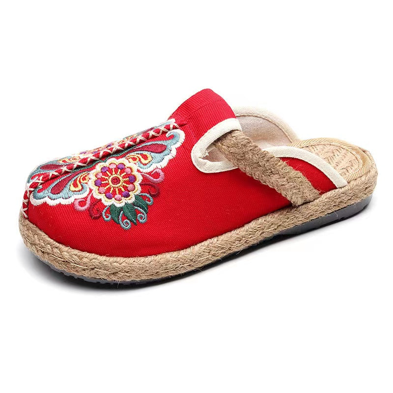 Linen Floral Flip Flop Flats