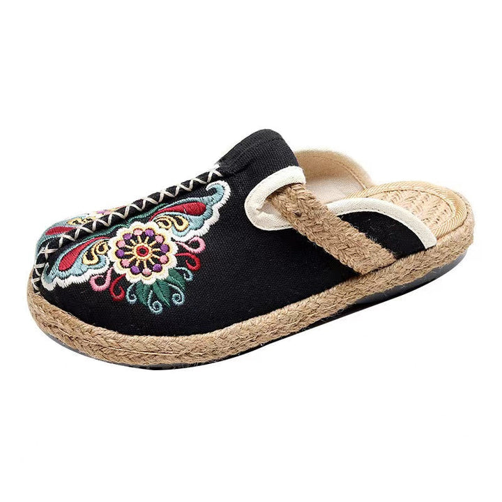 Linen Floral Flip Flop Flats