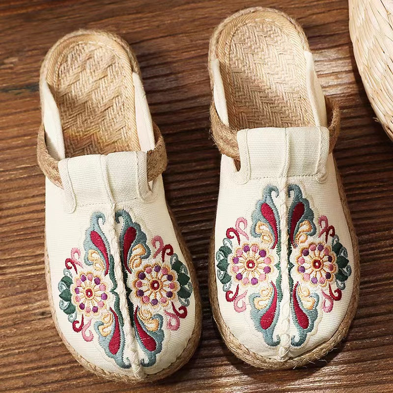 Linen Floral Flip Flop Flats