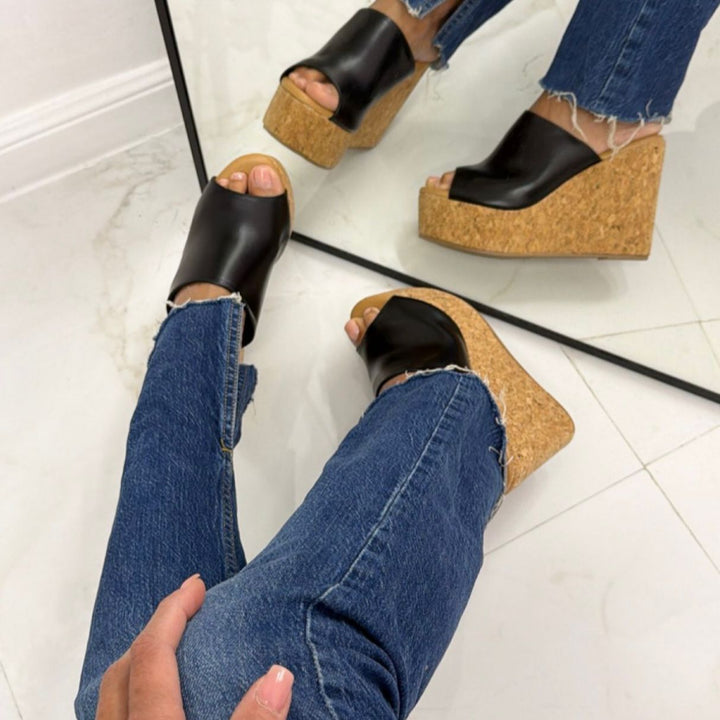 Claudia - Sandalo Zeppa Donna Punta Tallone Scoperto Nero