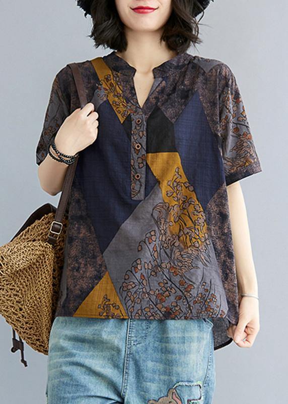 Blue Yellow V-Neck Cotton Linen Blouse