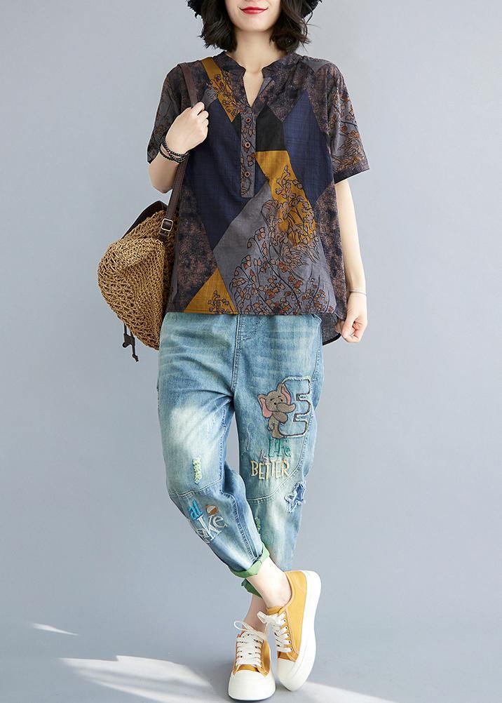 Blue Yellow V-Neck Cotton Linen Blouse
