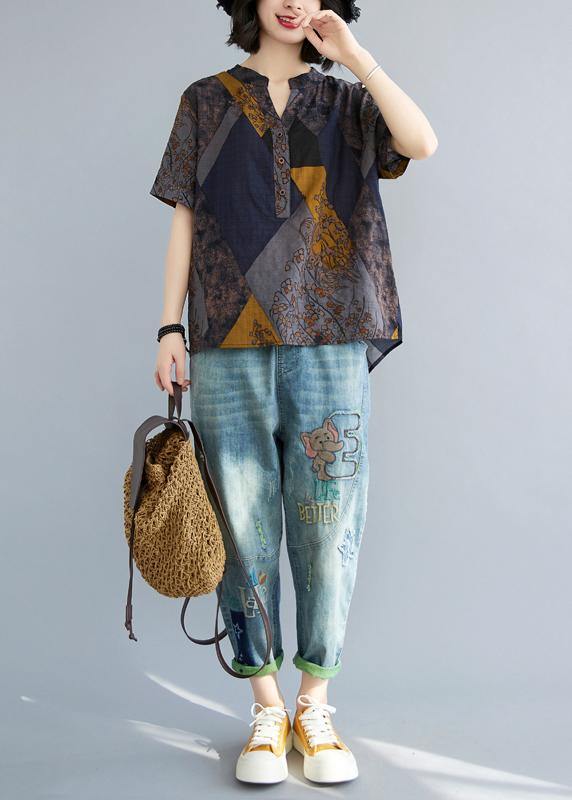 Blue Yellow V-Neck Cotton Linen Blouse