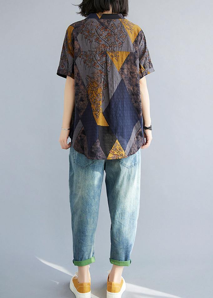 Blue Yellow V-Neck Cotton Linen Blouse