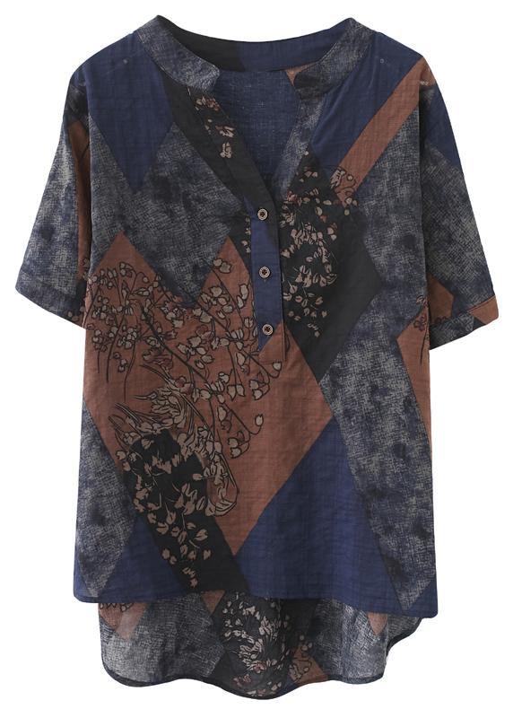 Blue Yellow V-Neck Cotton Linen Blouse