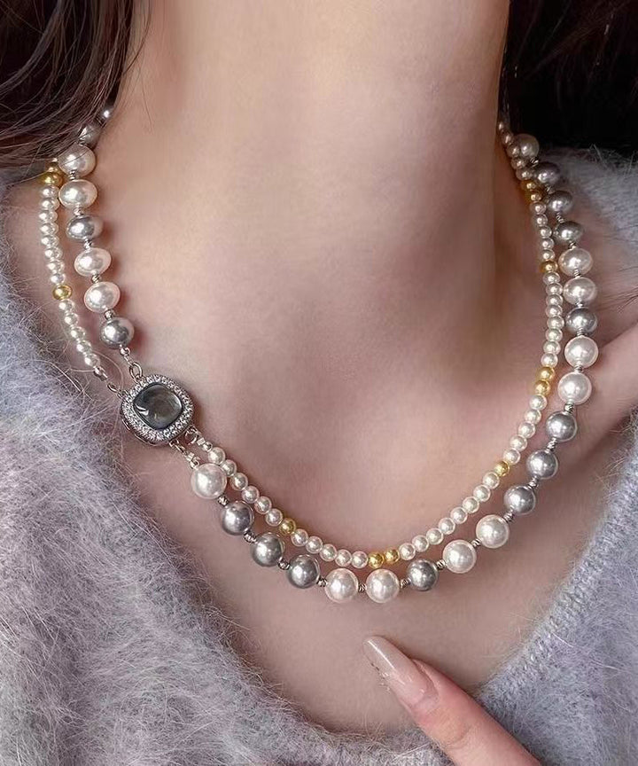 Colorblock Silver Zircon Pearl Necklace