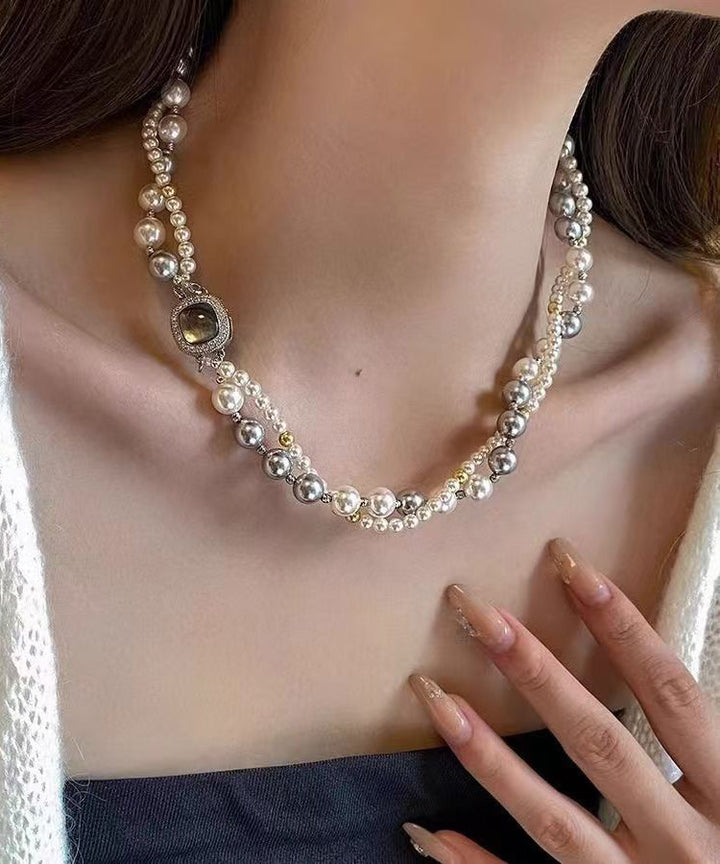 Colorblock Silver Zircon Pearl Necklace