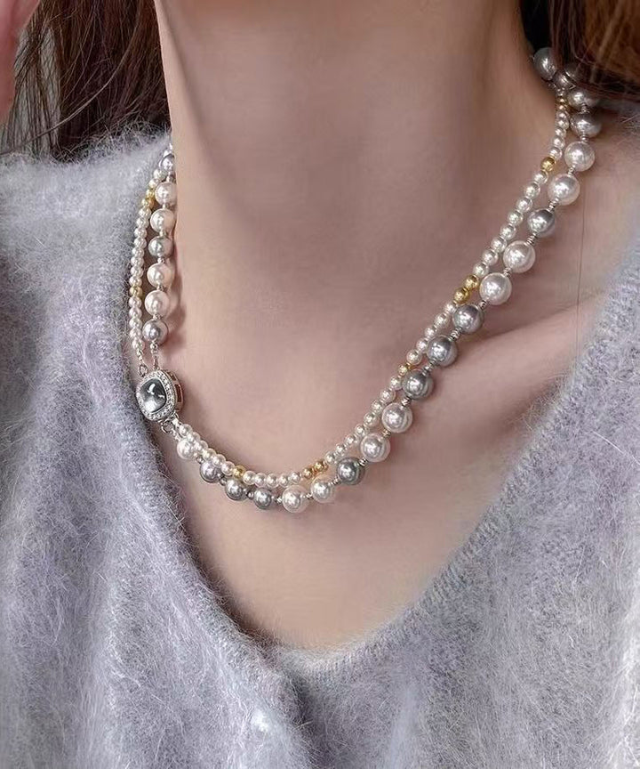 Colorblock Silver Zircon Pearl Necklace
