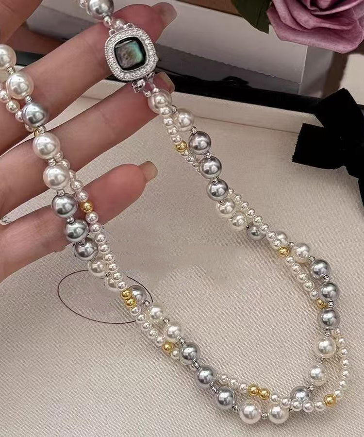 Colorblock Silver Zircon Pearl Necklace