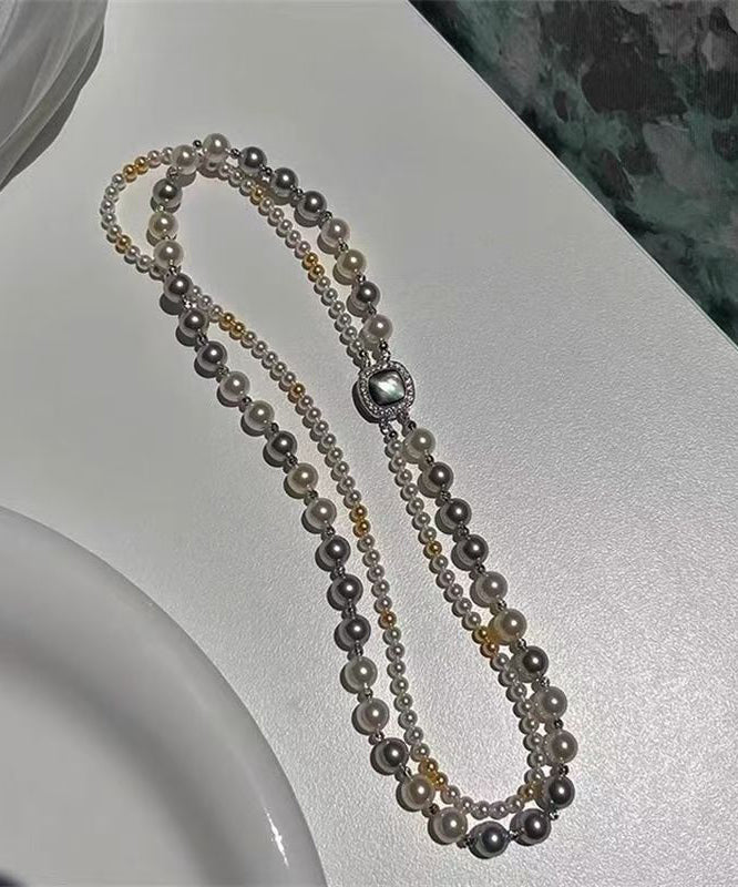 Colorblock Silver Zircon Pearl Necklace