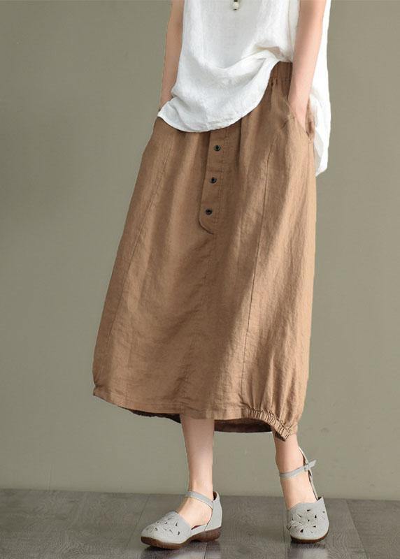 Women's Khaki Linen Skirt with Elastic Waist and Button Detail