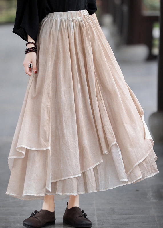 Women's Khaki Elastic Waist Asymmetric Design Layered Linen Skirts Summer