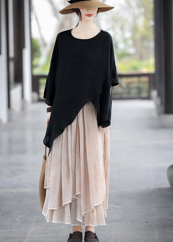 Khaki Layered Asymmetrical Linen Skirt