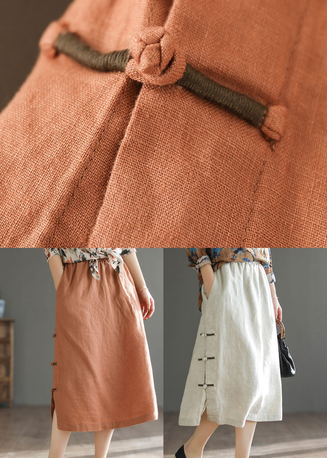 Orange Oriental Pocket Linen A-Line Skirt
