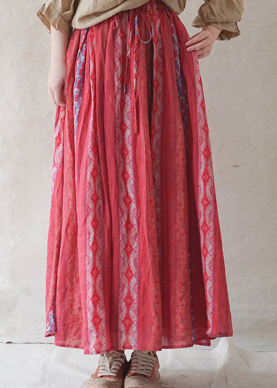 Red Print Elastic Waist Linen Skirt