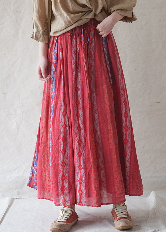 Red Print Elastic Waist Linen Skirt
