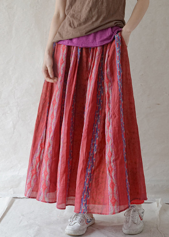 Red Print Elastic Waist Linen Skirt