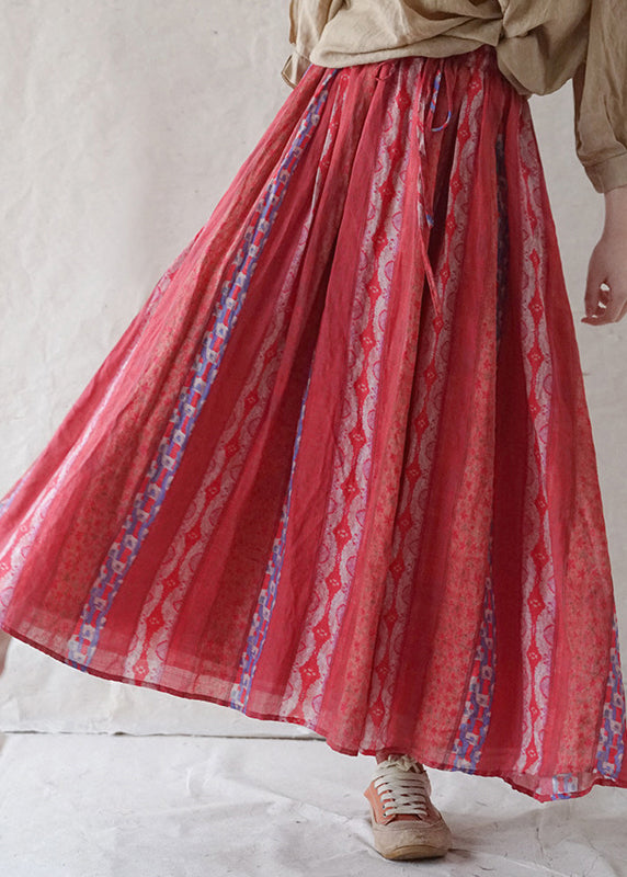 Red Print Elastic Waist Linen Skirt