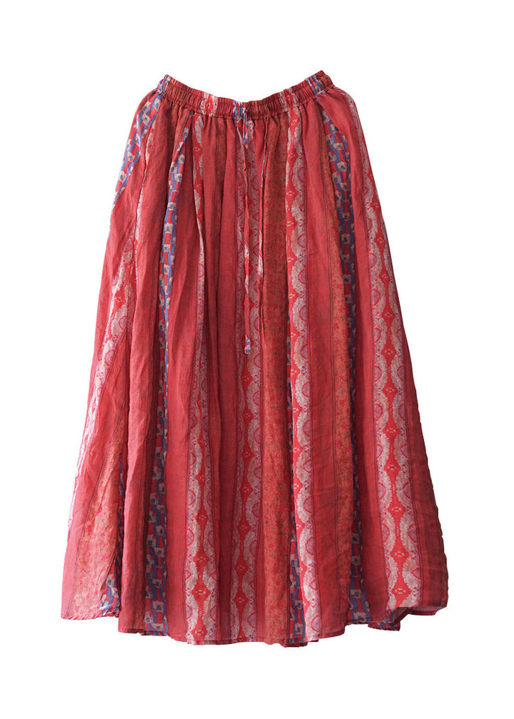 Red Print Elastic Waist Linen Skirt