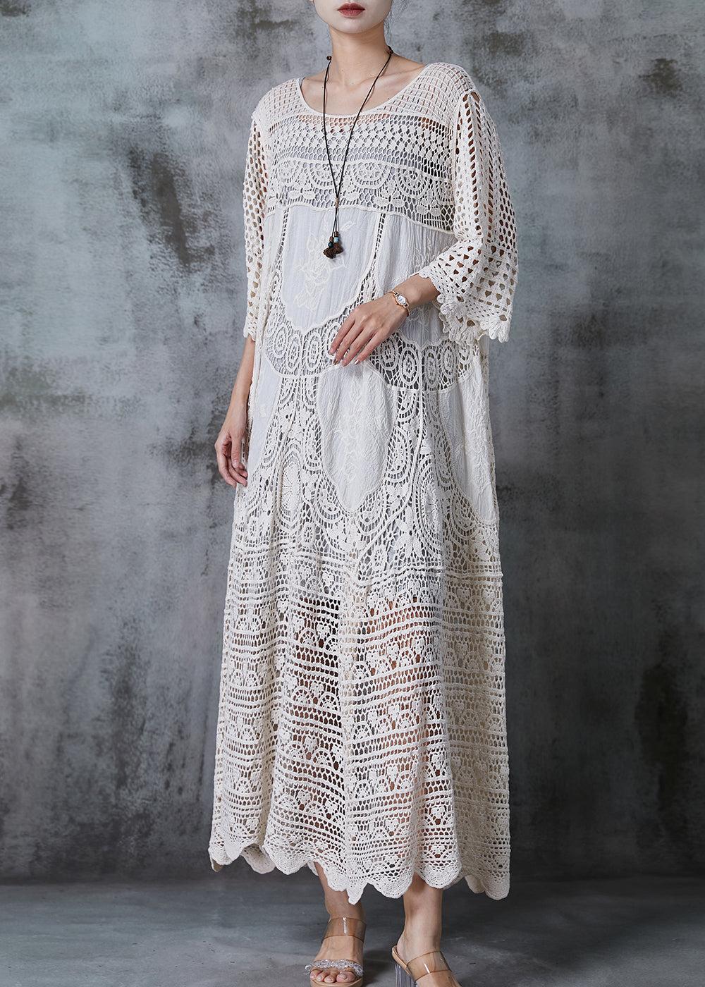 White Hollow Lace Oversized Dress