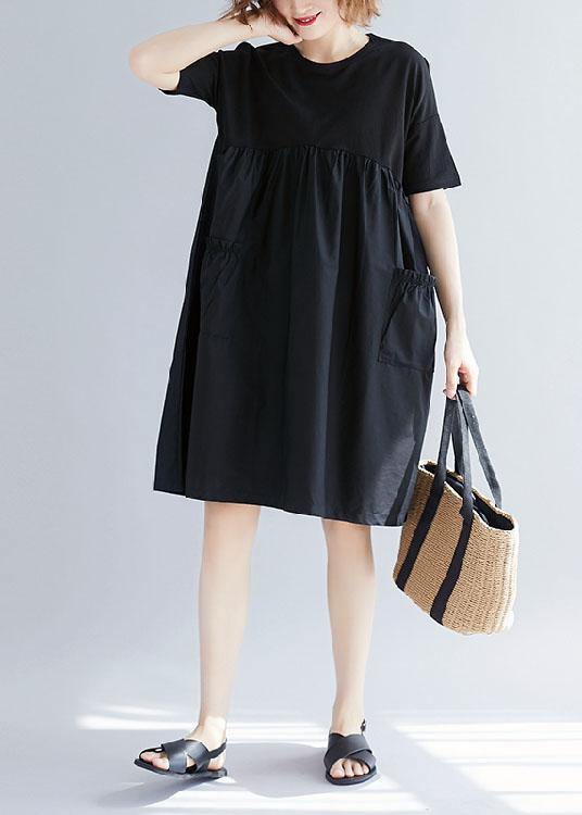 Black Cotton O-Neck Pocket Dress