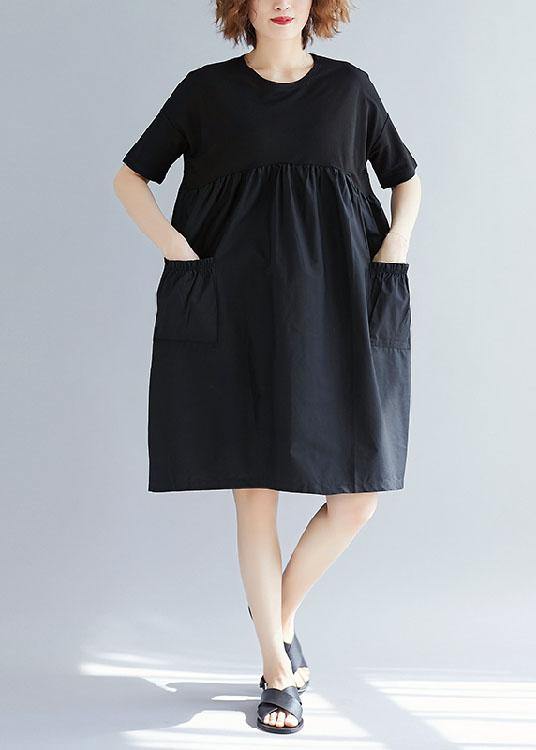 Black Cotton O-Neck Pocket Dress