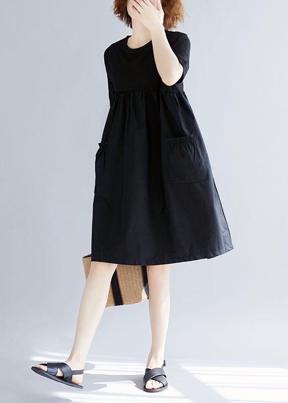 Black Cotton O-Neck Pocket Dress