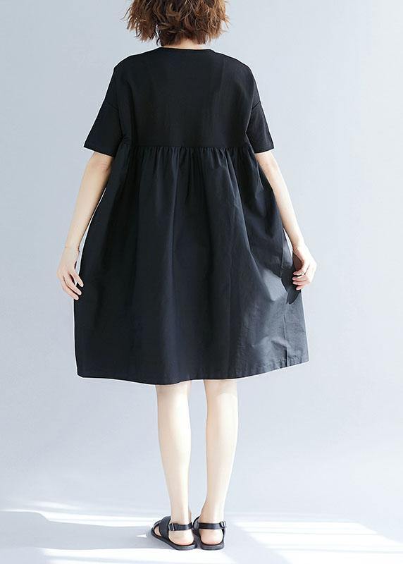 Black Cotton O-Neck Pocket Dress