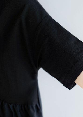 Black Cotton O-Neck Pocket Dress