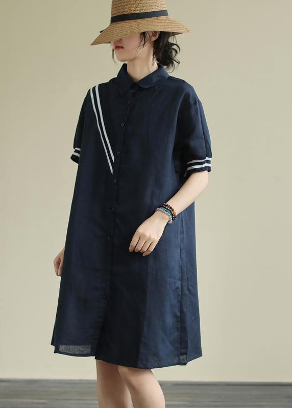 Navy Striped Button-Down Linen Dress