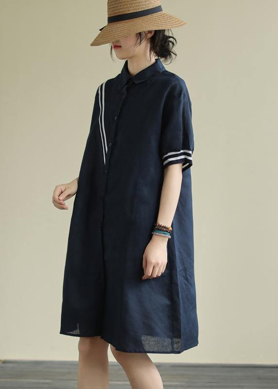 Navy Striped Button-Down Linen Dress