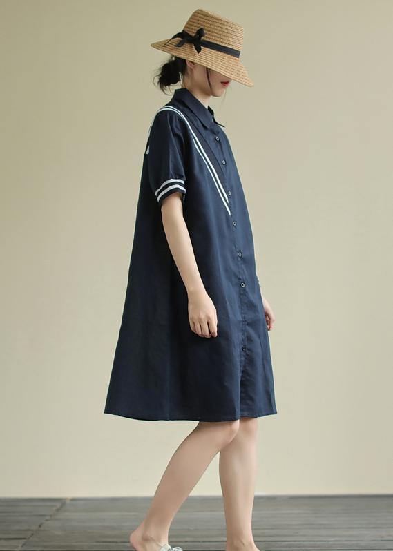 Navy Striped Button-Down Linen Dress