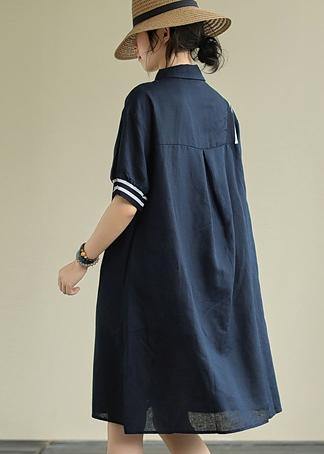 Navy Striped Button-Down Linen Dress