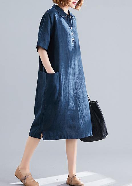 Navy Quilted Cotton Lapel Pocket Dress