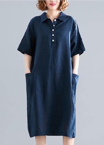 Navy Quilted Cotton Lapel Pocket Dress