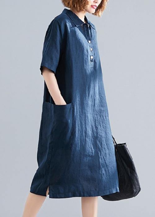Navy Quilted Cotton Lapel Pocket Dress