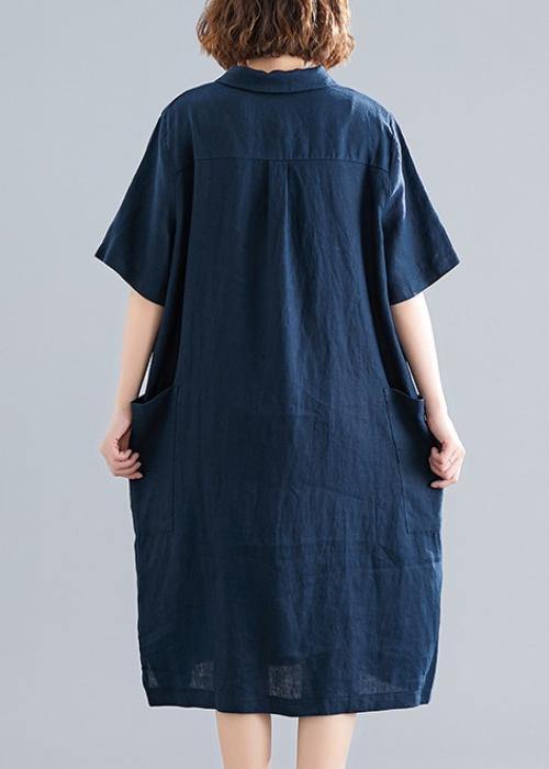 Navy Quilted Cotton Lapel Pocket Dress