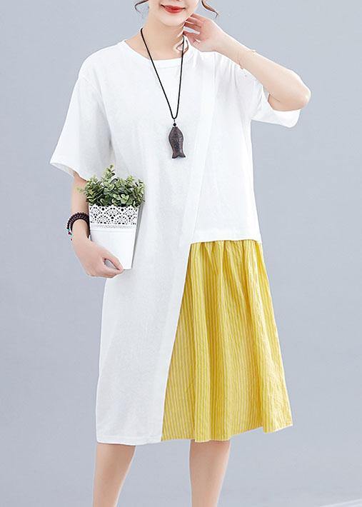 White Patchwork O-Neck Linen Dress