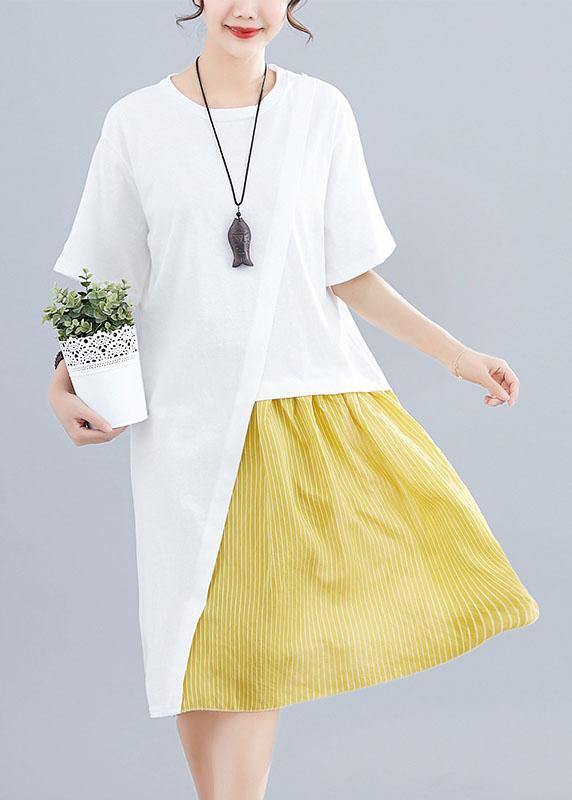 White Patchwork O-Neck Linen Dress